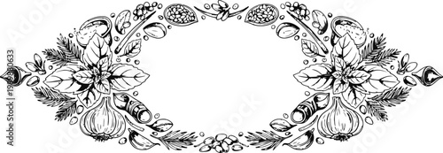 Decorative border with herbs and spices in a detailed engraving style for culinary designs