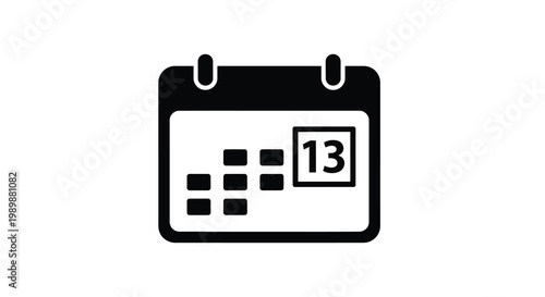 A black and white icon depicting a calendar with the 13th day highlighted