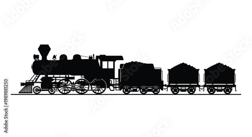 Vintage steam locomotive with three coal cars depicted in a black silhouette