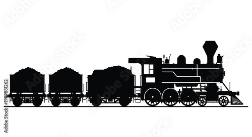 Black silhouette of a vintage steam locomotive with three freight cars