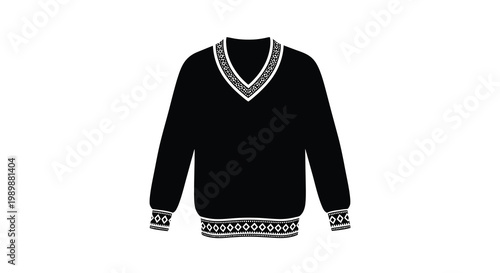 Black v neck sweater with white patterned trim isolated on white background
