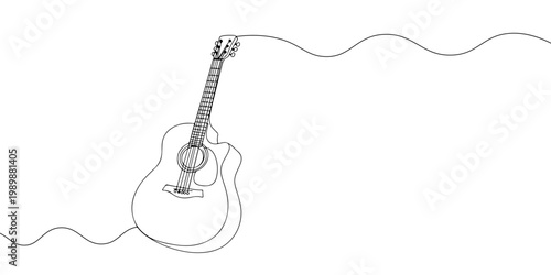 Minimal continuous line drawing of an acoustic guitar on white background.