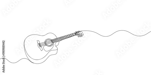Minimal continuous line acoustic guitar illustration in monochrome.