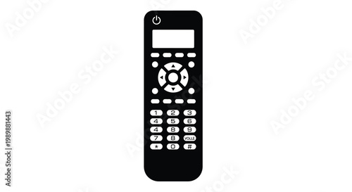 Black television remote control with numerous buttons and a power symbol