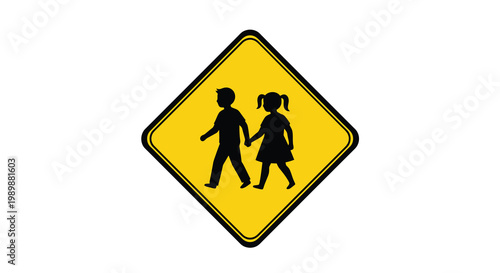 Yellow school crossing sign featuring silhouettes of two walking children