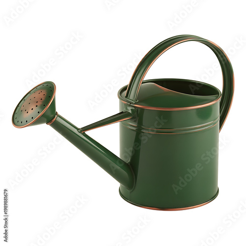 A green metal watering can sits on a surface in an indoor setting.