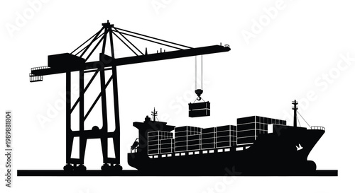 Black silhouette of a container ship being loaded by a large port crane