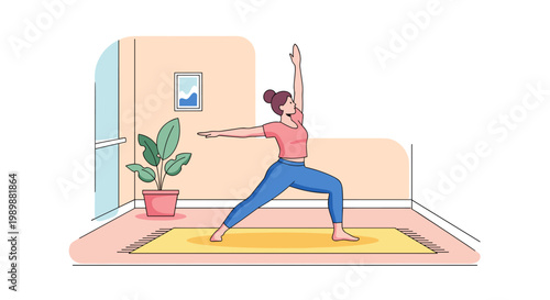 Woman practicing yoga warrior pose in cozy home interior lifestyle scene