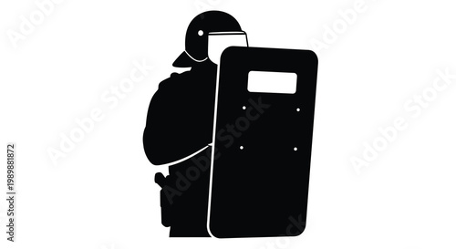 Silhouette of a police officer holding a riot shield facing left