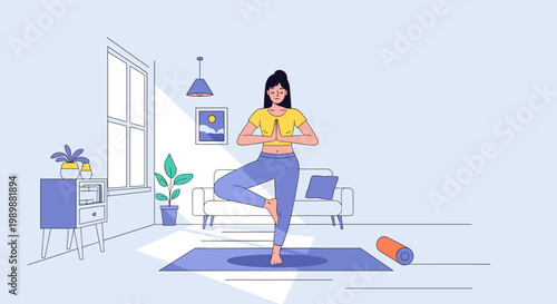 Woman doing yoga tree pose in modern living room for balance and wellness