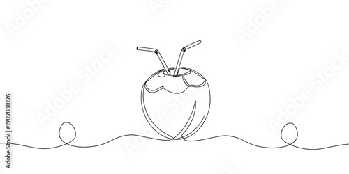 Minimal continuous line drawing of a coconut drink with straw.