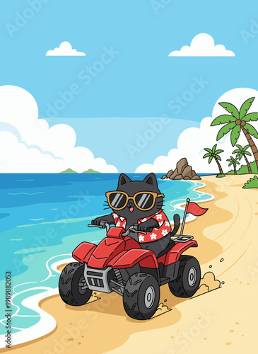 Cute cat riding quad bike on beach enjoying fun summer holiday activity