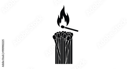 A bundle of matches with one lit creating a striking black silhouette