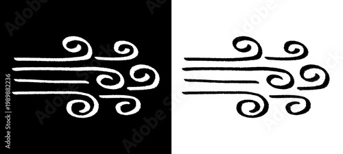 Hand drawn wind energy icon with blowing air movement. Simple doodle style illustration representing wind power, clean energy, and environmental climate breeze concepts.