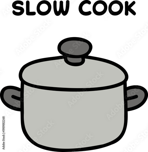 Cooking pot with lid illustration for slow simmering meals on kitchen surface perfect for recipe visuals, food blogs