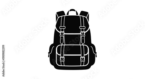 A black and white illustration of a modern backpack with multiple compartments