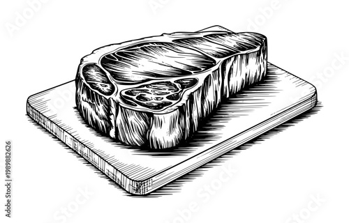 Black and white engraving style of a raw beef steak a wooden cutting board meat food