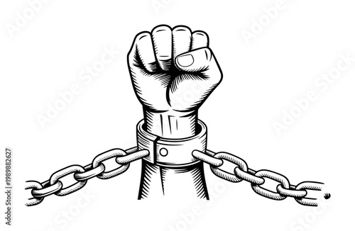 Black and white fist raised in defiance, breaking chains white background, power freedom