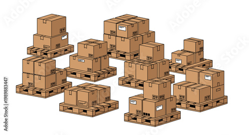 Numerous stacks of brown cardboard shipping boxes in various sizes are neatly organized on wooden pallets across a clean and minimalist white background space.