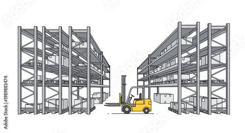 A bright yellow industrial forklift is positioned centrally within a spacious warehouse aisle flanked by tall gray metal shelving racks holding numerous storage boxes.