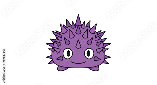 A whimsical round purple cartoon creature with numerous sharp triangular spikes and large expressive eyes smiles cheerfully against a clean white background.
