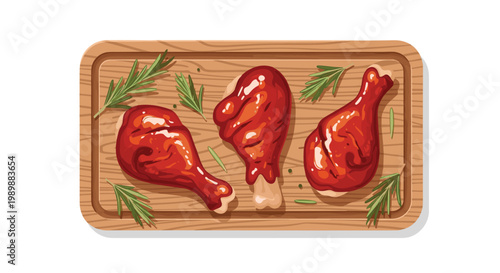 Three succulent roasted chicken drumsticks with a deep mahogany glaze rest on a textured wooden cutting board accented by fresh green rosemary sprigs.