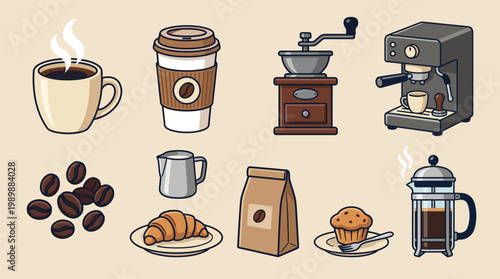 Seamless Pattern of Coffee Cups Grinder and Beans for Cafe Design