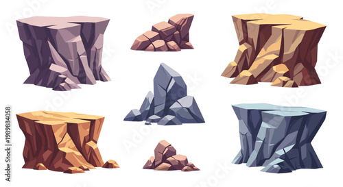 A comprehensive set of six stylized rock formations and jagged mountain cliffs displays sharp geometric edges and varied earthy tones against a white backdrop.