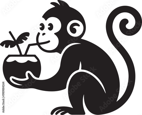 Minimalist monkey logo vector, cute primate drinking from a coconut with a straw, black and white tropical animal mascot for beach bar branding