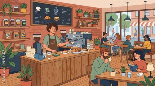 Barista Serving Coffee to Customers in Modern Coffee Shop Illustration