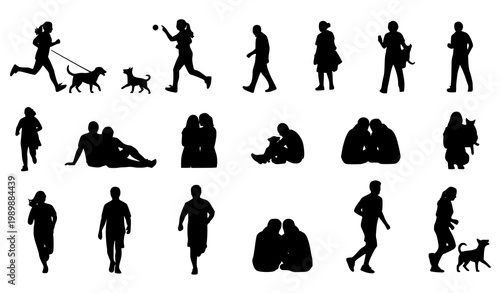 Active people with dogs silhouette collection showing playful and lifestyle interactions