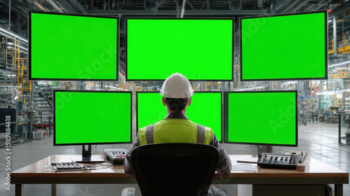 Worker sits in front of multiple screens in a factory setting during the day while monitoring data and systems for production processes