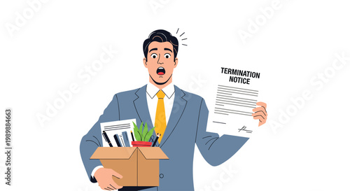An alarmed corporate businessman in a sharp grey suit and yellow tie reacts with wide eyes while clutching a cardboard box and formal termination notice.