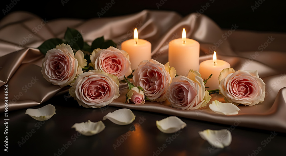 Obraz premium Elegant arrangement of soft pink roses and warm glowing candles on luxurious satin, evoking a serene and romantic atmosphere, perfect for tranquility