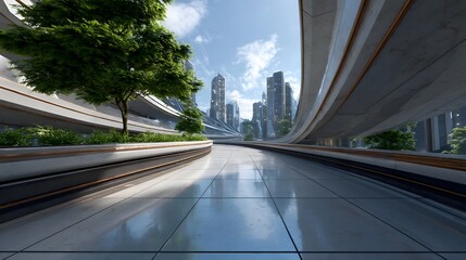 A futuristic urban pathway where sleek curving architecture seamlessly integrates lush greenery with towering modern city skylines