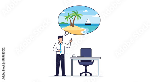 A corporate employee standing near his office desk points enthusiastically toward a large thought bubble depicting a serene tropical island with a white sailboat.