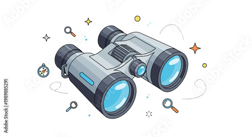 Detailed gray binoculars are depicted in an isometric view surrounded by colorful miniature icons of a compass and magnifying glasses on a white backdrop.