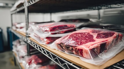Stunning photo of vacuum sealed raw beef cuts stored on shelves in a professional industrial cold storage room or commercial walk-in freezer.