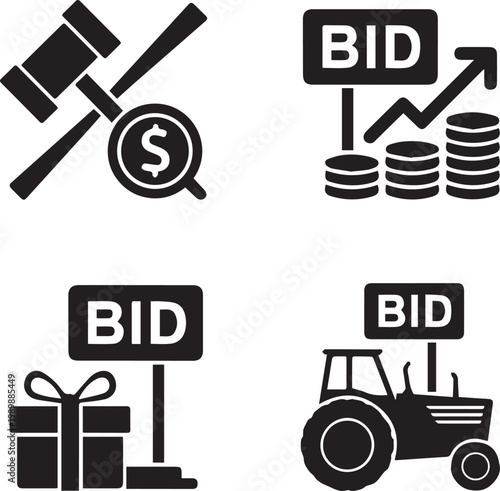 Black and white of business bid symbols with dollar sign and charts currency bar chart