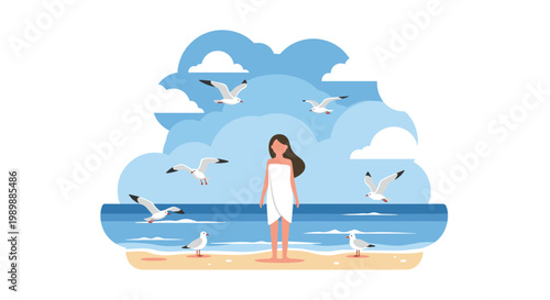 A serene young woman wrapped in a white towel stands on a golden sandy beach under a massive blue cloud formation while several seagulls fly around her.