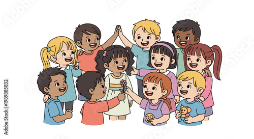 A large group of diverse young children are huddled together in a friendly circle while one boy hands a pink flower to a girl on a pristine white background.