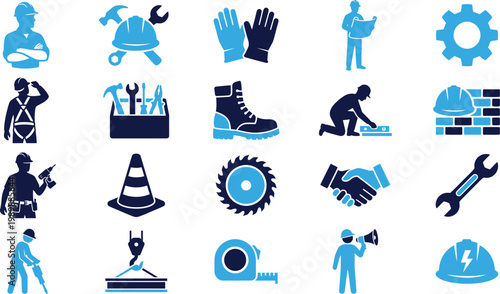 Collection of construction industry icons people tools and safety equipment.