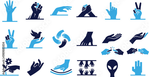 Hands icons set representing different gestures and human interactions.