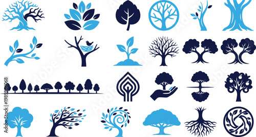 Diverse tree and nature symbols showcasing growth life and abstract organic forms.