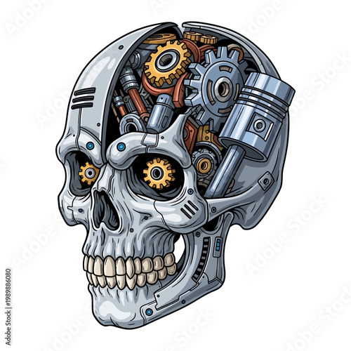 Mechanical Steampunk Skull Vector Illustration with Internal Gears and Pistons for Cyberpunk and Robotic Design