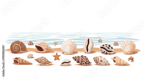 A meticulously detailed assortment of various spiral and bivalve seashells rests peacefully on a golden sandy beach under a bright and clear summer sky.