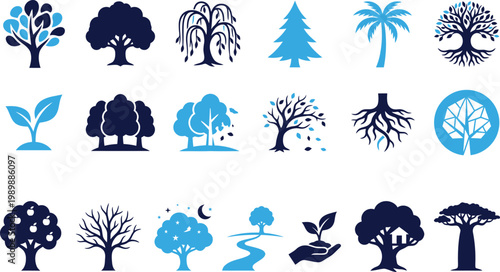 Collection of various tree and plant icons representing nature and growth stylized.