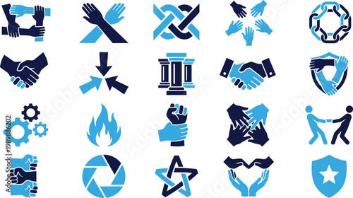 Teamwork and collaboration icons showing unity, partnership, agreement, and support.