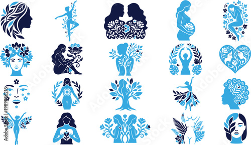 Female figures and nature elements symbolizing womanhood, beauty, and harmony.