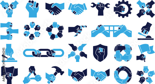Teamwork and cooperation icons showing unity strength and collaboration business symbols.